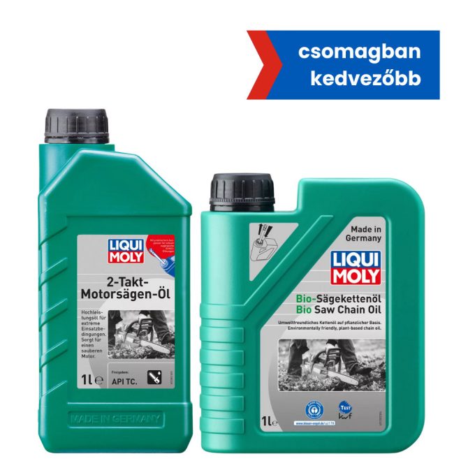 Bio láncfűrész lánckenő olaj 1l + Bio láncfűrész 2T motorolaj 1l